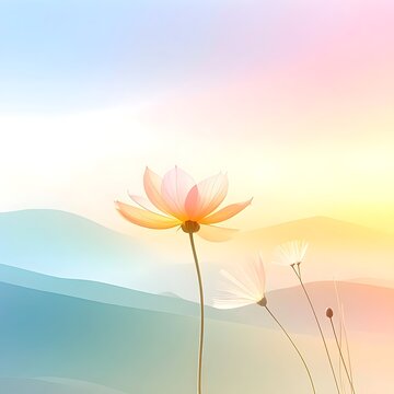 A serene landscape with a large pink flower in the foreground