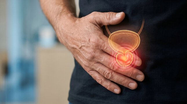 Man suffering from prostate pain with holographic bladder and prostate anatomy overlay. Male patient holding painful lower abdomen, medical clinic diagnostics for prostatitis