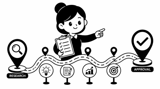 Woman holding clipboard with research and approval process icons.