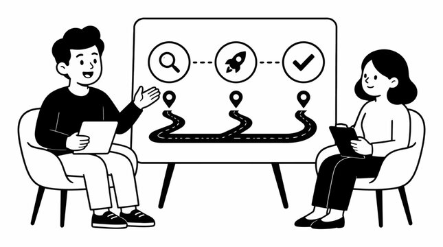 Two people discussing a digital marketing strategy on a whiteboard.