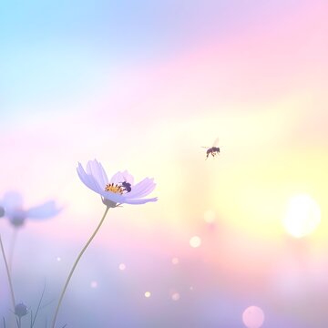 A serene scene of a white flower and a bee in a colorful sky