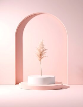 A serene still life with a pampas grass on a minimalist white and pink pedestal