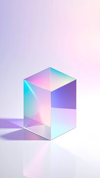 A shiny, multicolored cube on a reflective surface with a gradient background