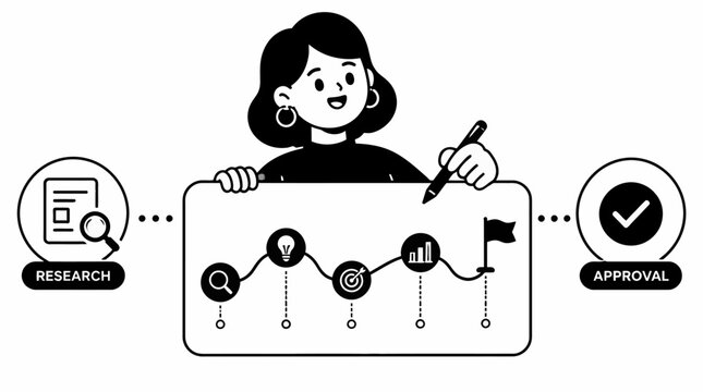 Illustration of woman reviewing workflow process with research and approval stages.