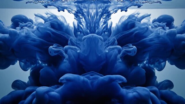 Abstract Symmetrical Blue Ink Swirls in Water Creating Fluid Organic Shapes and Smoke Patterns