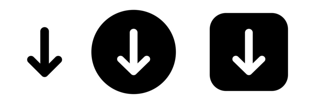 Scroll down button icon set with down arrow symbol. Go to bottom and move downward icons for app, web navigation and UI actions