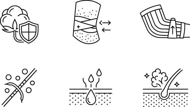 Medical Bandage and Skin Care Material Properties Icon Set with Breathable Fabric Absorbent Cotton and Compression Sleeve Symbols