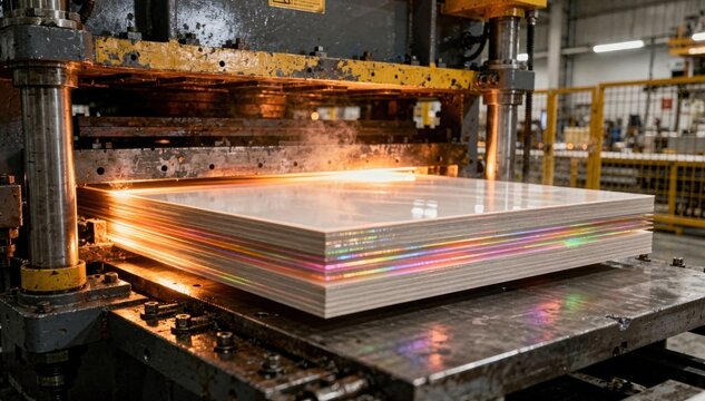 Medium shot of industrial highpressure press bonding glossy decorative laminate layers capturing vibrant reflections and smooth surface finish under intense heat and pressure.