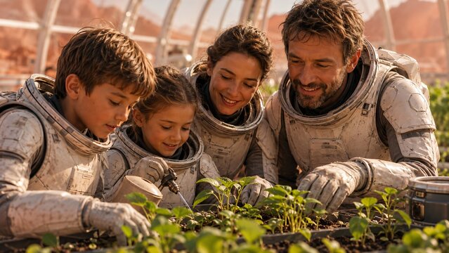 Family of man, woman, boy, and girl wearing space suit planting vegetable in greenhouse on Mars. Colonization concept with future agriculture technology. Human exploration of red planet.