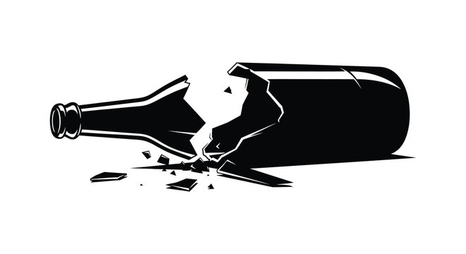 broken glass bottle silhouette with shattered pieces on white background silhouette