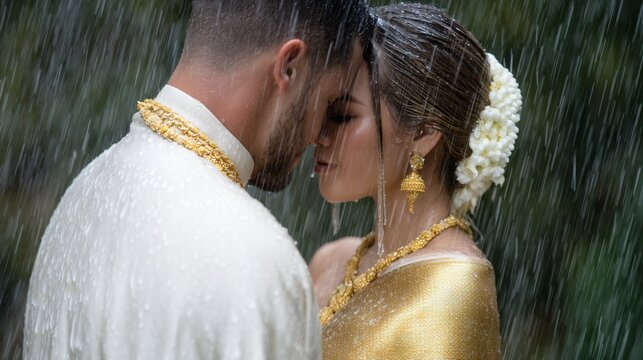 thai new year songkran, cinematic outdoor shot, fashionable couple, professional photography lighting