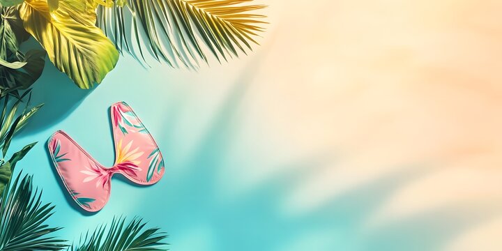 Pink floral bikini with tropical leaves on blue background