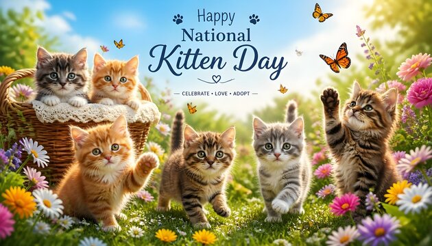 National Kitten Day Mobile Wallpaper with Adorable Cute Kittens, Playful Feline Pets, Colorful Animal Background