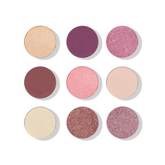 Fototapeta premium Set of colored eyeshadow swatch, bright facial powder or blusher round form isolated on white background. Beauty product cosmetic for face makeup with shimmer texture with sparkles for beauty design.