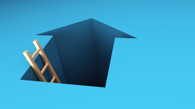 Business Opportunity Concept With Ladder Leading Into Upward Arrow Hole Symbolizing Growth and Escape