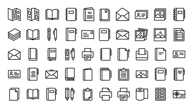 Brochure line icons set. Flyer leaflet, catalogue, booklet, magazine, letterhead, open book and other polygraphy vector illustration. Outline signs for print shop. Editable Stroke