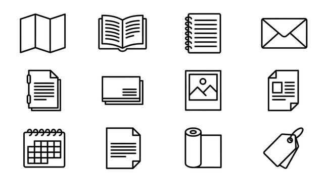 Brochure line icons set. Flyer leaflet, catalogue, booklet, magazine, letterhead, open book and other polygraphy vector illustration. Outline signs for print shop. Editable Stroke