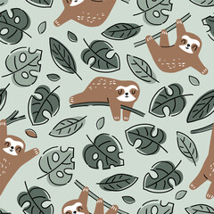 Fototapeta premium Hand drawn seamless vector pattern with cute sloths and tropical palm leaves. Perfect for textile, wallpaper or print design.