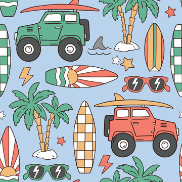 Seamless vector pattern with surfboard, pal tress, car and shark. Hand drawn surf lifestyle illustration. Summer beach vacation. Perfect for textile, wallpaper or nursery print design.