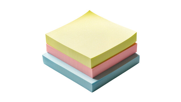 Stack of pastel colored sticky notes yellow pink and blue, isolated on transparent background