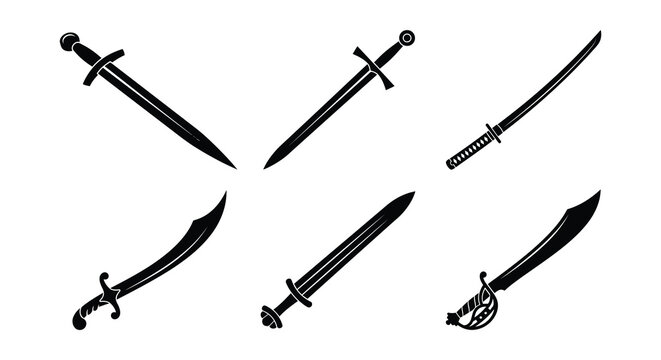 Variety Of Swords Black Silhouette Vector Illustration On White Background
