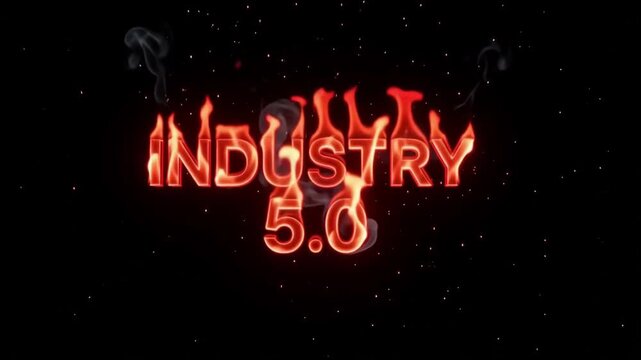 Industry 5.0 typography burns with bright orange flames and swirling grey smoke rising against a dark black background in this high quality motion graphic animation video clip that showcases advanced 
