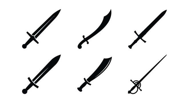Variety Of Swords Black Silhouette Vector Illustration On White Background