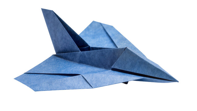 Blue origami jet fighter plane folded from paper, isolated on transparent background
