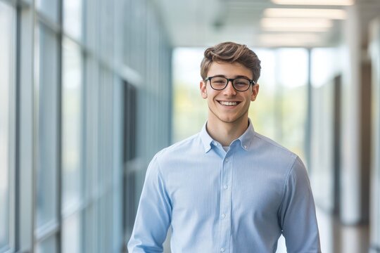 Portrait of a young professional man wearing glasses and a blue striped shirt standing in a modern office hallway with large windows