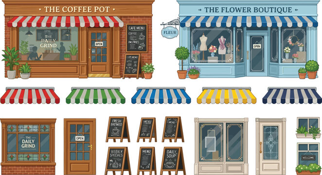 Vector collection of charming storefronts with colorful awnings and chalkboard menu signs set