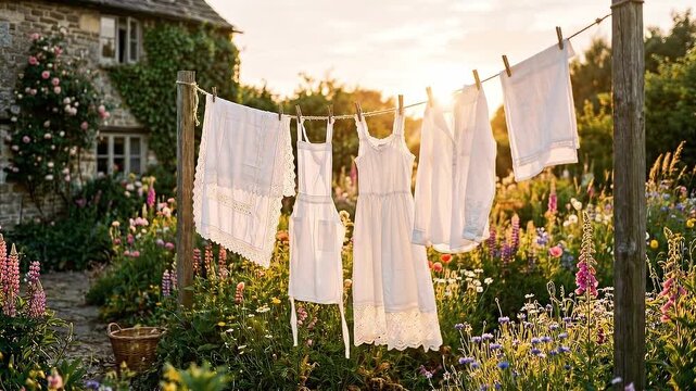 Slow motion panning shot of white laundry fluttering on clothesline with dresses and linens drying and swaying in cottage garden at sunset with warm backlight