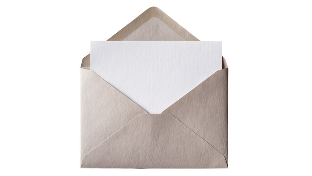 Open kraft paper envelope with blank white card inside, isolated on transparent background