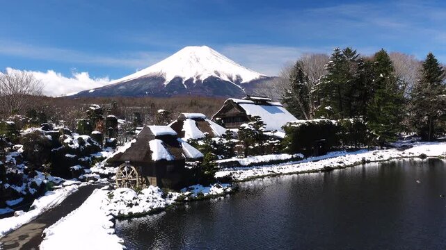 忍野八海と榛の木林民俗資料館と富士山と雪