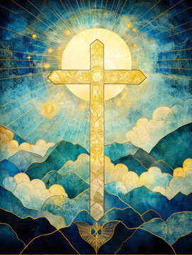 Cross in radiant light &ndash; Christian stained glass symbolizing faith, hope, and spirituality. AI generative.