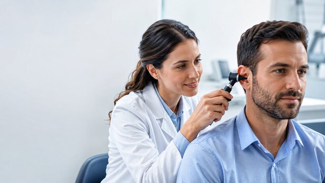 Woman doctor using otoscope to examine ear of male patient. Medical checkup at clinic office. Professional healthcare specialist performing diagnostic ear exam. Clinical health diagnosis.