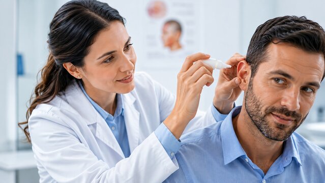 Woman doctor using ear drops to treat patient in clinic. Professional otolaryngologist examining man during medical consultation. Healthcare service and auditory health checkup procedure.