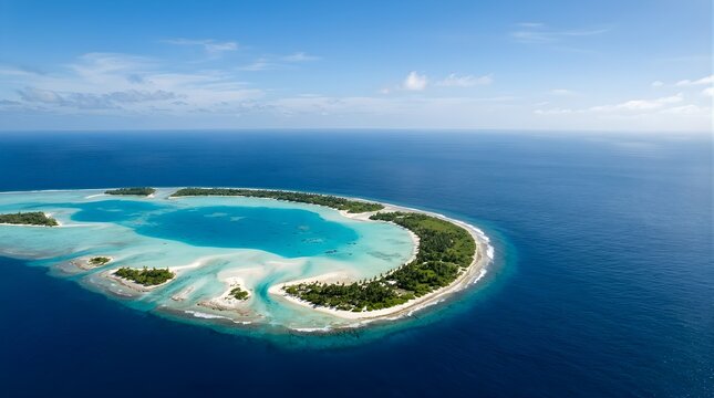 Aerial view of a tropical atoll with turquoise lagoon in the ocean