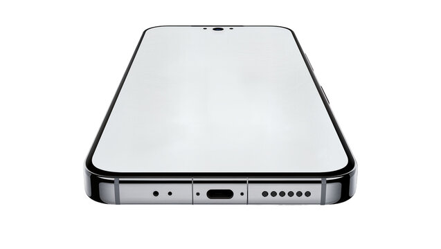 Modern smartphone with blank screen metallic frame and speaker grille, isolated on transparent background