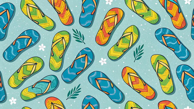 Tiny flip-flops pattern, bright tropical colors, seamless layout