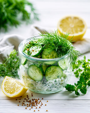 Creamy Cucumber Dill Salad in Rustic Glass Jar. AI generative.