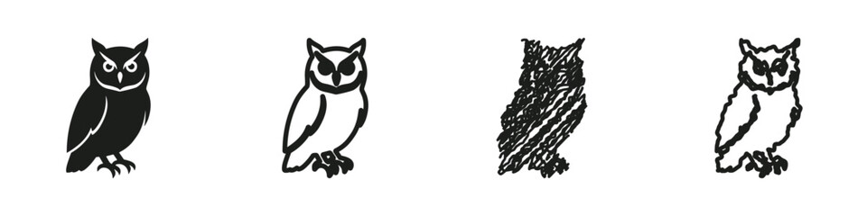 Fototapeta premium A diverse set of owl graphics showcasing different artistic styles from solid silhouette to sketchy outlines and scribbled textures