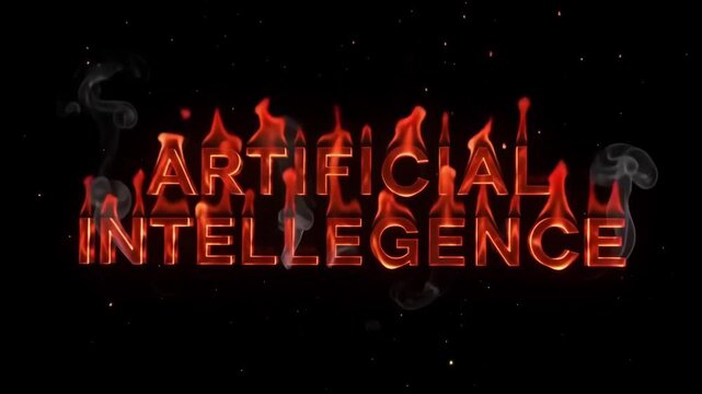 Artificial intelligence glowing text burning with intense orange flames and rising smoke in a dark environment creating a powerful cinematic digital animation effect that highlights the concept of mac