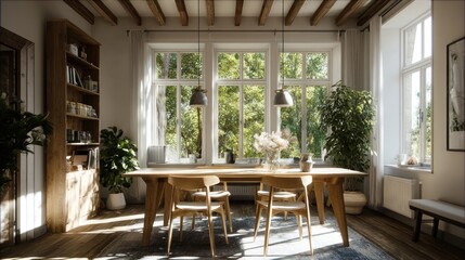 Fototapeta premium Bright dining area with a long wooden table, chairs, large window, and indoor plants