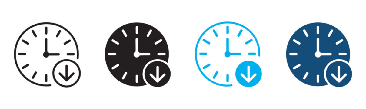Time reduction multiple style icon design vector, clock with downward arrow time decrease deadline pressure faster processing symbol set