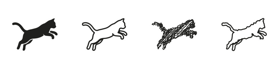 A collection of four distinct artistic representations of a feline in a dynamic jumping pose, showcasing different styles from solid silhouette to outline and sketch © 7Author