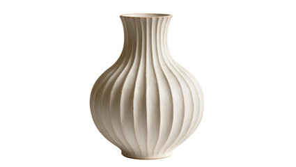 Fluted ceramic vase with curved vertical lines, isolated on transparent background