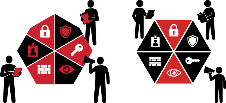 Corporate team members analyzing a hexagonal security diagram with various icons representing firewalls and data protection protocols for a comprehensive cybersecurity strategy.