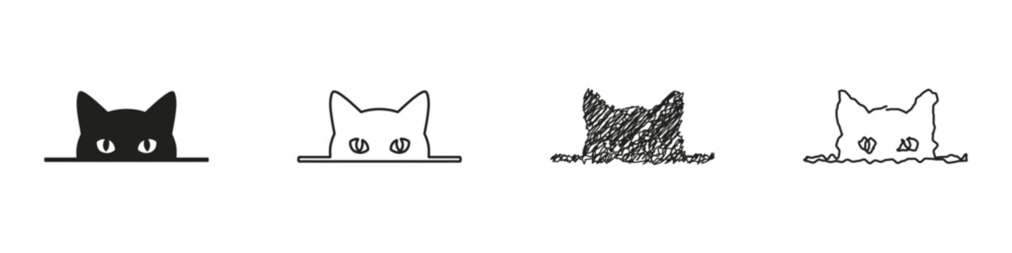 Four distinct artistic representations of a cat's head peeking from behind a horizontal line, showcasing varied styles from solid silhouette to sketchy outlines