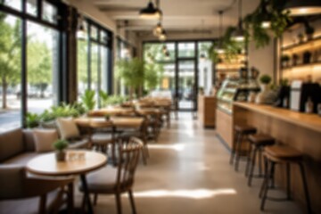 Fototapeta premium Blurred cafe interior background modern coffee shop restaurant design wooden furniture warm lighting indoor atmosphere