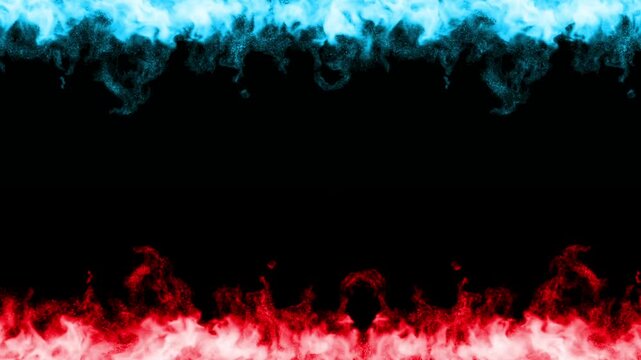 赤と青の炎がメラメラと燃え続けるアニメーション。リアルな火の映像背景。上下を火に囲まれたフレーム。試合や対戦を演出するエフェクト